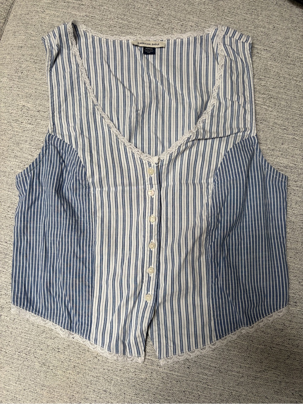 Women’s American Eagle Outfitters Blue & White Striped Lace-Trim Button Vest